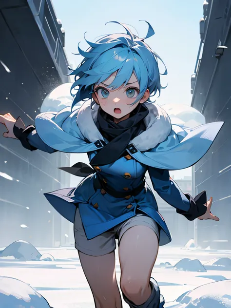 solo,run hard forward, blue winter clothes, surprised and frozen expression, pastel blue short hair, blizzard, snow country,