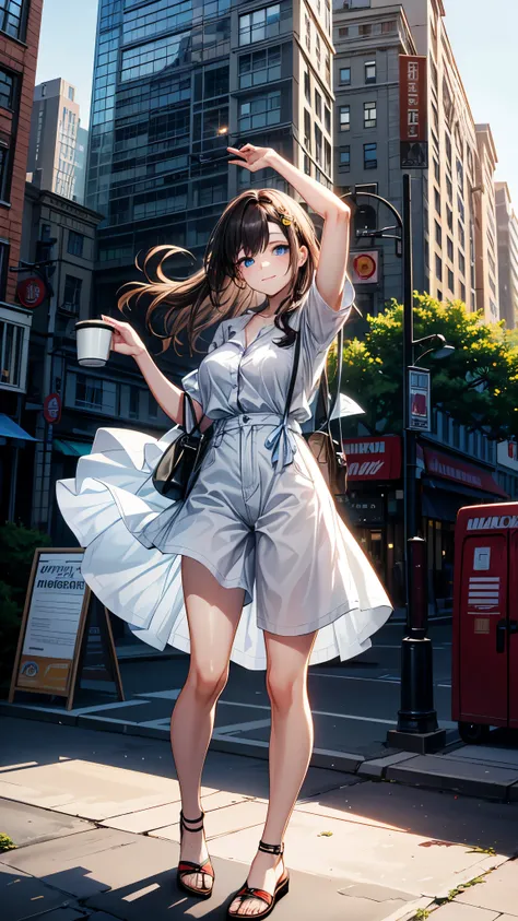 ((High Resolution)), ((Lighting and Color)), ((masterpiece)), ((blue eyes)), ((drinking coffee)), A young woman with dark, wavy chestnut hair, left loose and slightly tousled by the breeze, stands confidently on a lively urban street. She wears a relaxed w...