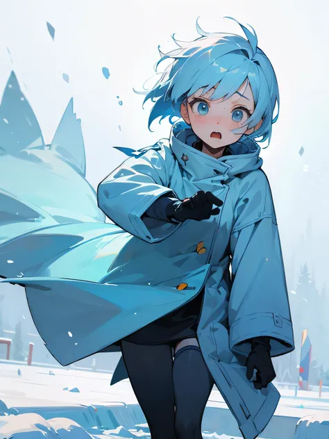 solo,run hard forward, blue winter clothes, surprised and frozen expression, pastel blue short hair, blizzard, snow country,