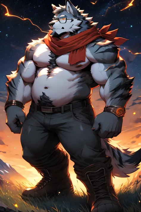 alone, fat muscular man, dad bod, belly, big pecs, ash grey hairy wolf, faded haircut ((black color)), big thick beard ((black color)), whiskers, amber eyes, ((red scarf)), ((glasses)),
electrified stripes on arms, electricity on arms, stripes on arms ((cy...