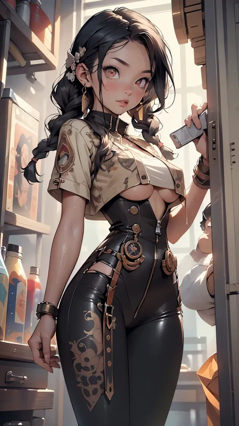 steampunk girl,(((1girl))),((beautiful girl with steampunk suit)),

(large breasts:1.4),saggy breasts,((((long twin braids,tight braids,long braid,braided hair,long hime cut,dark hair,black hair,colored inner hair)))),(((red_eyes:1.3))),intricate eyes,beau...