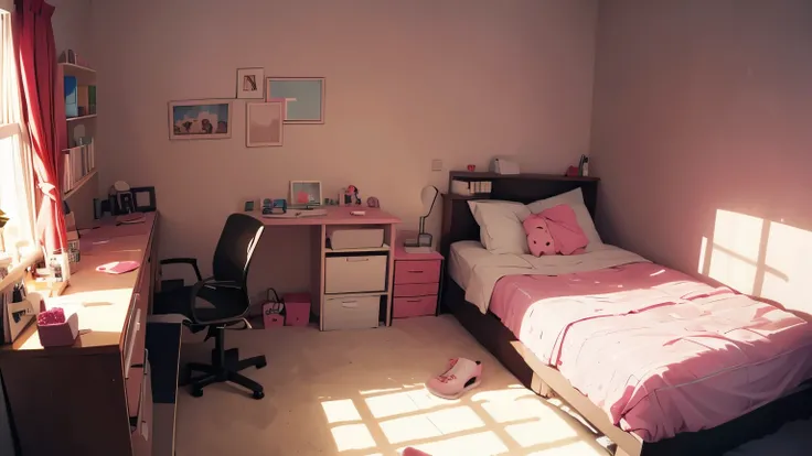 girl leaning against her bed, in a girls room, well lit, picture taken from a low angle