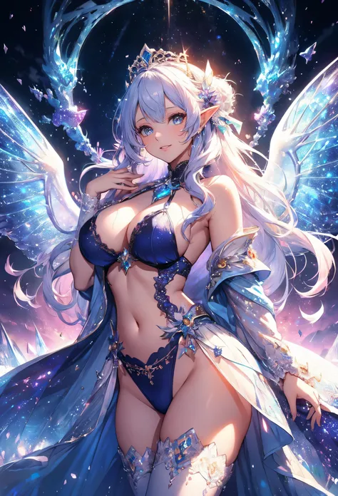 最high quality、1 woman elf facing forward、Figure skating、Dancing beautiful pose、whole body、Beautiful shoes、　Super beauty、)((underwear))、Beautiful eyes、tears、universe、Huge galaxy、Beautiful decoration、brassiere、panty、Ice tiara、Swirling Ice、Crystal of snow、Ice...