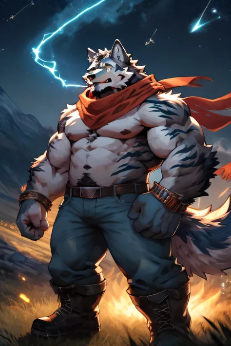 alone, fat muscular man, dad bod, belly, big pecs, ash grey hairy wolf, faded haircut ((black color)), big thick beard ((black color)), whiskers, amber eyes, ((red scarf)), ((glasses)),
electrified stripes on arms, electricity on arms, stripes on arms ((cy...