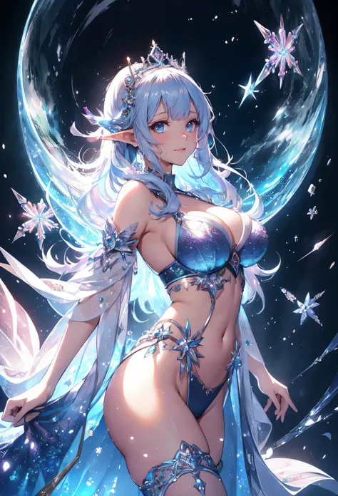 最high quality、1 woman elf facing forward、Figure skating、Dancing beautiful pose、whole body、Beautiful shoes、　Super beauty、)((underwear))、Beautiful eyes、tears、universe、Huge galaxy、Beautiful decoration、brassiere、panty、Ice tiara、Swirling Ice、Crystal of snow、Ice...