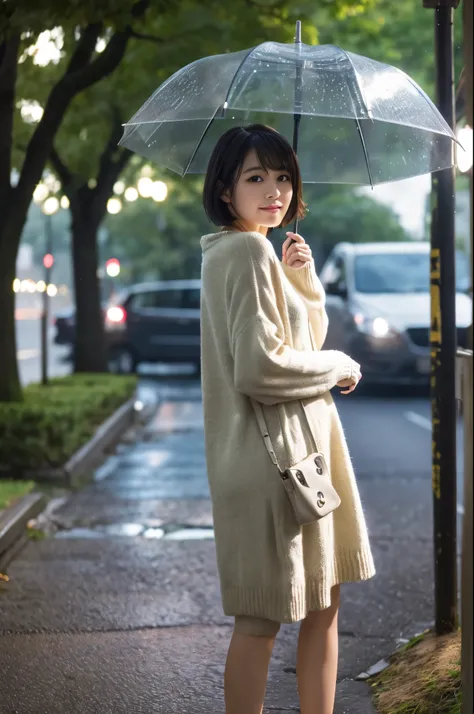 Highest quality、8k、32K、masterpiece、nffsw:1.2)、1 person、cute日本人女性の写真、Long sleeve dress、Short very bob hair、Upper Body、Surface Focus、Extra large size_sweater、necklace、Rainy park、Hold an umbrella、Water droplets fall、Looking at the audience、Mix 4、(8k、Raw photo...