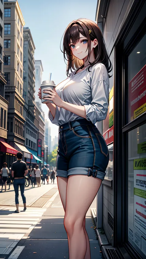 ((High Resolution)), ((Lighting and Color)), ((masterpiece)), ((Focus and Clarity)), ((drinking coffee)), A young woman with dark, wavy chestnut hair, left loose and slightly tousled by the breeze, stands confidently on a lively urban street. She wears a r...