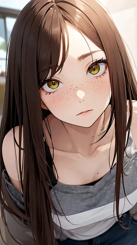 anime girl 20 years old with narrow eyes, one yellowish-green, the other has a dark ochre color, a smoll mole under the eye, bruises under the eye, inconspicuous freckles on the nose, straight dark brown hair below the shoulders, long bangs covering the le...