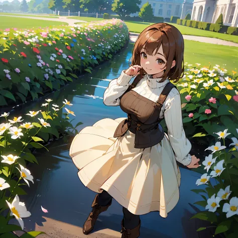 (high quality, High resolution, Very detailed, reality:1.37), Peaceful atmosphere, (Outdoor, garden), Teenage girl standing alone, (my breasts are big.), Beautiful details, Cute Smile, (Brown bob hair), Ribbed sweater, Blue Skirt, Black tights, Brown boots...