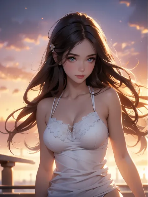 ((masterpiece)),((best quality)),((high detail)),((realistic,)), 1 shy girl, shy expression, elegant makeup, long brown hair, seductive eyes, bright lips, sexy pose, (beautiful detailed face: 1.0), smiling, feminine approach, tank top, tight top, white top...