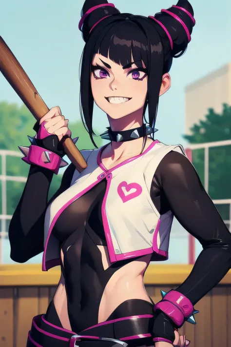 juri , black hair, two tone hair, hair horns, purple eyes, spiked bracelet, spiked collar, fingerless gloves, white vest, black ...