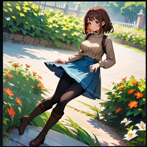 (high quality, High resolution, Very detailed, reality:1.37), Peaceful atmosphere, (Outdoor, garden), Teenage girl standing alone, (my breasts are big.), Beautiful details, Cute Smile, (Brown bob hair), Ribbed sweater, Blue Skirt, Black tights, Brown boots...