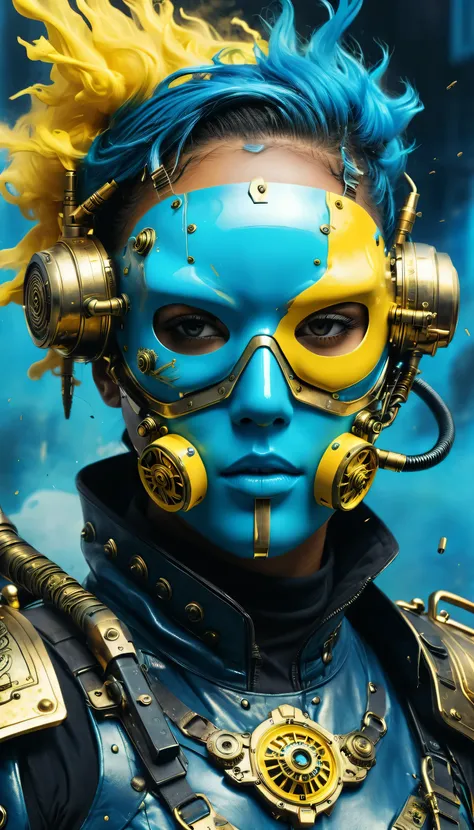 Steampunk face masked, vaporpunk, future vintage, close view, backgroung woth weapons and ammunition, blue and yellow artwork, 4d, 8k