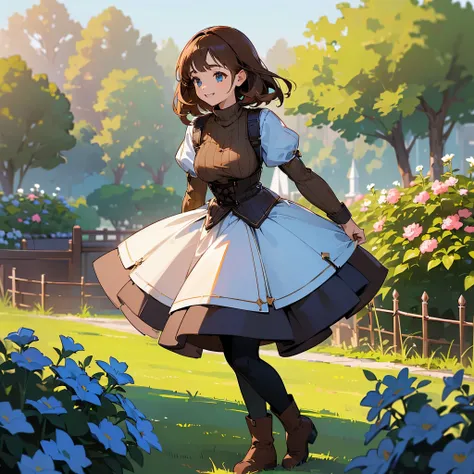 (high quality, High resolution, Very detailed, reality:1.37), Peaceful atmosphere, (Outdoor, garden), Teenage girl standing alone, (my breasts are big.), Beautiful details, Cute Smile, (Brown bob hair), Ribbed sweater, Blue Skirt, Black tights, Brown boots...