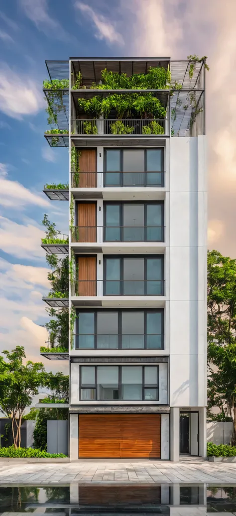masterpiece, best quality, exterior design, (sunset), single 1 storie modern house on the Vietnam village, marble, steel, modern dark tiled granite and white walls facade, wooden ceiling, large glass, minimalist modern style, green shrubs and tropical tree...