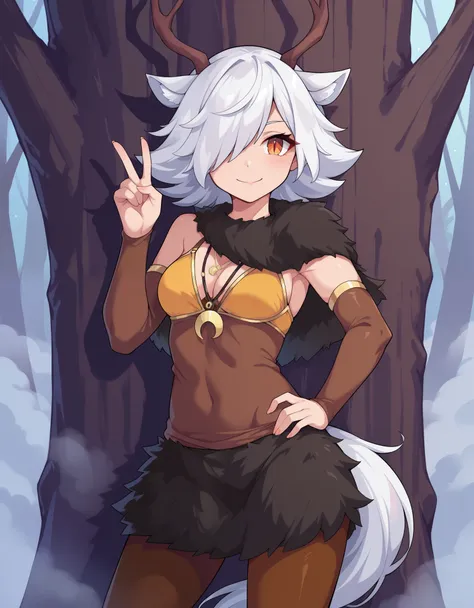 1girl,solo,deer girl,antlers,white hair,animal ears,tail,hair over one eye,orange eyes,slit pupils,crescent moon necklace,fur ca...