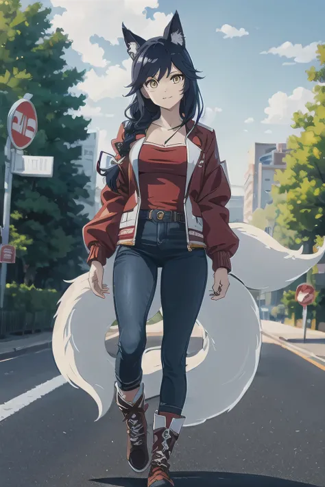 masterpiece, best quality, IncrsAhri, braid, edgSDress, wearing edgSDress, outdoors, street, road sign, jacket, open jacket, jeans, casual, long sleeves, white fox tails, multiple fox tails, hiking boots