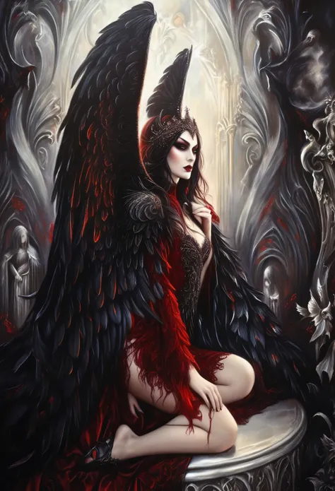 gothic woman with wings sitting on a throne with a red dress, gothic fantasy art, fantasy dark art, angel knight gothic girl, ra...