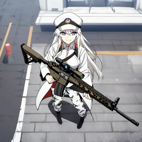 A woman wearing winter military pants, cargo pants, winter camouflage, holding an m4a1, white shirt, wearing a cap with the United States coat of arms, white hair, long hair, purple eyes, standing on a concrete sidewalk , winter place, smiling, big . Azur_...