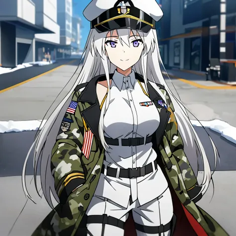 A woman wearing winter military pants, cargo pants, winter camouflage, holding an m4a1, white shirt, wearing a cap with the United States coat of arms, white hair, long hair, purple eyes, standing on a concrete sidewalk , winter place, smiling, big . Azur_...