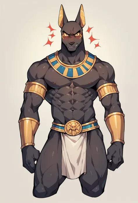 Anthropomorphic jackal，Anubis，character setting，Dark color scheme，The face is more human-like，Determined gaze，blush，White loincloth，Eight-pack abs，Human claws