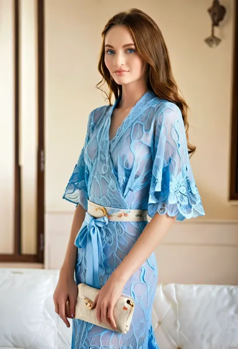 A beautiful Caucasian woman, slender woman with brown hair and blue eyes wearing a light blue dress.
This exquisite dress combines the sophistication of the kimono style with the delicacy of lace. With wide sleeves and flutter, waist marked with an obi bel...