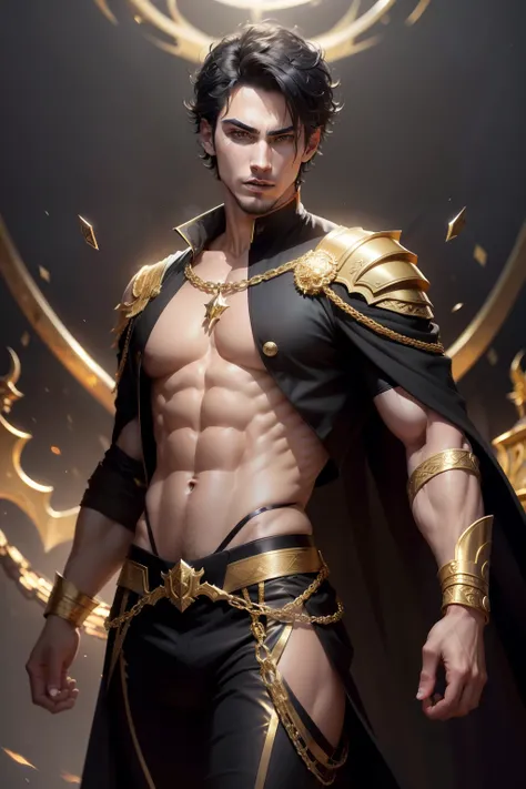 (8k,uploadsrrealista　uploads　Maximum quality;1.4) (1 young boy) Super handsome king of the underworld　(lifelike face) 　(Short hair gold hair)　slenderbody　Muscular and macho　Black and gold aristocratic costume with big golden eyes　gold decoration　Fangs peek...