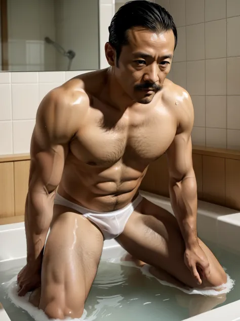 40 years old，Hidetoshi Nakata，（Kogoro Mori 1.3），whole body，bathroom，Kneeling，bath，Water Drops，Water Flow，transparent，Thick body hair，White underwear，Topless，Densely hairy，Fortitude，HD，With a mustache，Tights