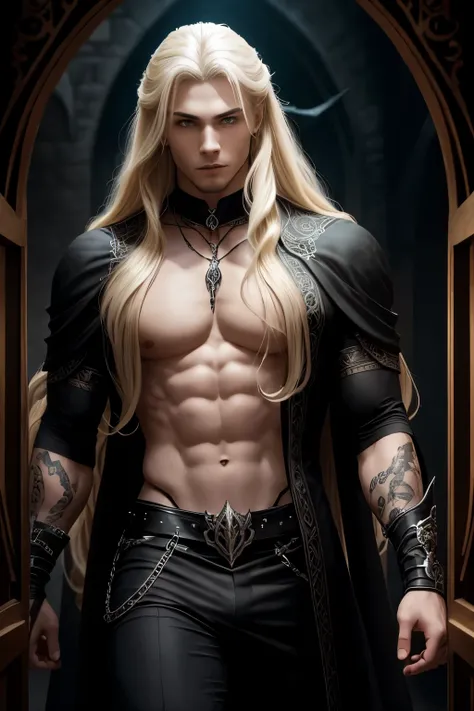 black fantasy, Mediovale, Gothic, vampyre, young guy, with long blonde hair, strong build, Open chest, High definition