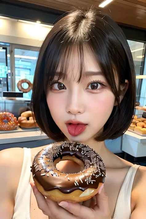 ((Best quality, 8k, Masterpiece :1.3)), 1girl, Pretty woman with emphasizing  abs :1.3, (short cut hairstyles, Huge breasts),Ultra-detailed face, Detailed eyes, Double eyelid,((Eating Donuts)),((bite a donut:1.2))