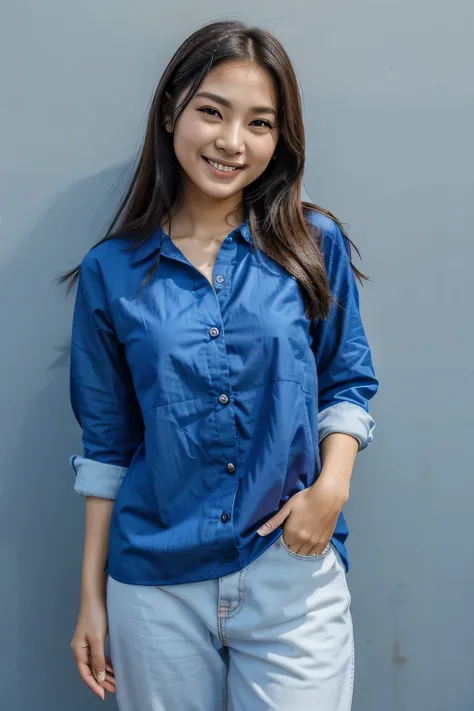 Young Asia lady feeling happiness with positive expression, joyful and exciting, dressed in casual cloth and looking at camera isolated on blue background. Happy adorable glad woman rejoices success.