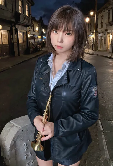 The sound of a trumpet echoing through the town at night、18 year old girl、Dark jacket、Trumpet in right hand、The town&#39;s street lights illuminate the girl、The backlight is on、Midnight Blues