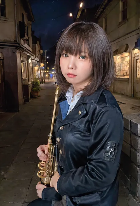 The sound of a trumpet echoing through the town at night、18 year old girl、Dark jacket、Trumpet in right hand、The town&#39;s street lights illuminate the girl、The backlight is on、Midnight Blues