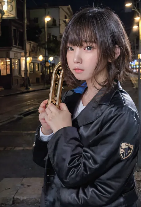 The sound of a trumpet echoing through the town at night、18 year old girl、Dark jacket、Trumpet in right hand、after the rain、The town&#39;s street lights illuminate the girl、The backlight is on、Midnight Blues