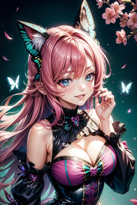 Magenta hair, hazel eyes, older woman, hair bows, cat ears, long hair, smiling face, sexy outfit, butterflies, teal and gold outfit, butterfly background 