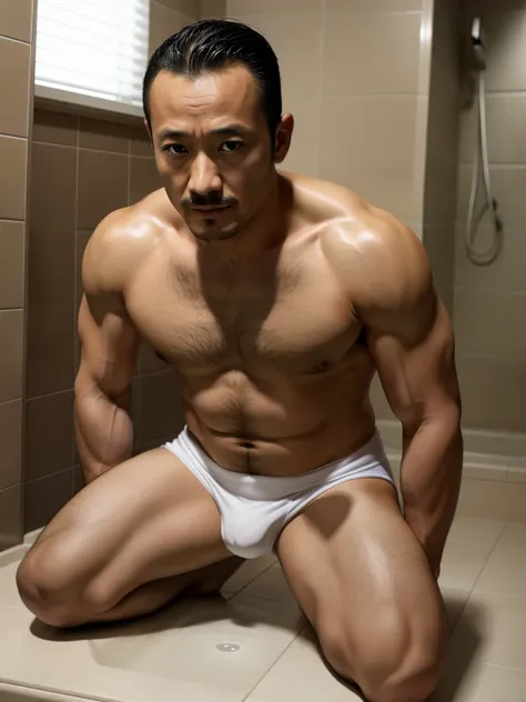 40 years old，Hidetoshi Nakata，（Kogoro Mori 1.3），whole body，bathroom，Kneeling，Super short hair，bath，Water Drops，Water Flow，transparent，Thick body hair，White underwear，Topless，Densely hairy，Fortitude，HD，With a mustache，Tights