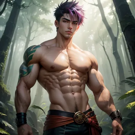 handsome man, desenho animado realista, Asian Soft Resources, Androgynous appearance, rainbow eyes, messy rainbow hair with rainbow highlights , muscular body with broad shoulders ((big chest and tiny waist)), wearing a fantasy thief outfit in a big green ...