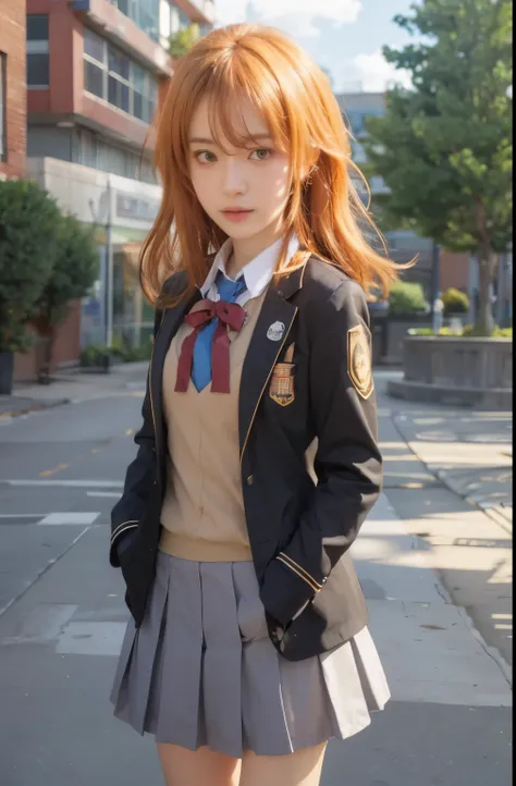 Ishiki iroha, oregairu, orange hair, orange eyes, highschool uniform, outdoor background, detaied face, detailed hair, detailed eyes, ultra realistic, ultra detailed, best quality, masterpiece.