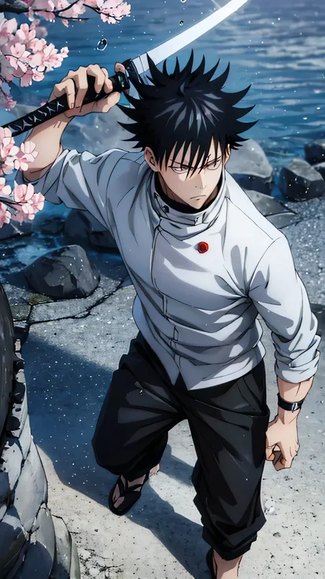 photo of an anime character (jujutsu KAISEN) named "yuta okkotsu" with black hair, sharp eyes, "jujutsu kaisen" shirt with buttons on the side, white, long black Jujutsu kaisen trousers, with cherry blossom petal effect that was flying, and the falling rai...