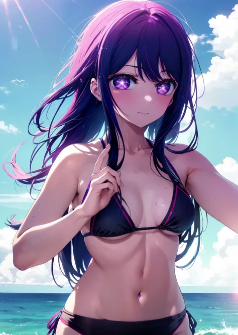 aihoshino, Ai Hoshino, Long Hair, bangs, (Purple eyes:1.1), Purple Hair, (Symbol-shaped pupil:1.5), smile,Open your mouth,Bikini Swimwear,Water Play,Clear skies,Daytime,True Summer,whole bodyがイラストに入るように,Stroll along the sandy beach,
break outdoors, Beach,
...