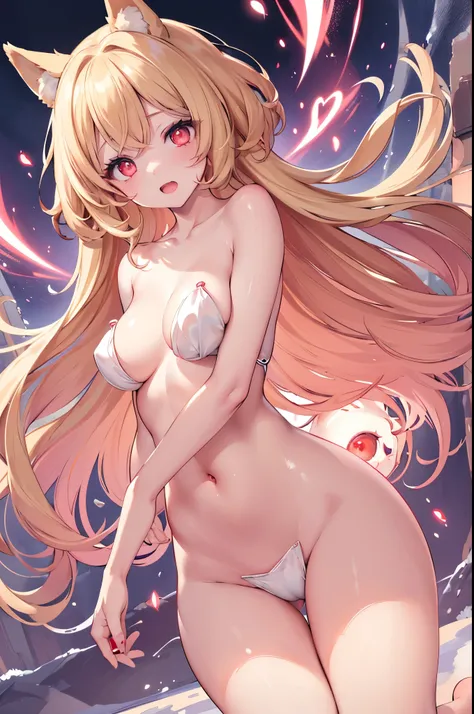 One girl、A little sexy、shiny blonde hair, Bobcut,Curly Hair、Dog ears、Red sparkling eyes、detailed cute eyes,(glowing eyes:1.4),laugh heartily,((Droopy eyes))、posing,skinny body shape,short of a person,open mouth,flushed cheeks,looking at viewer,masterpiece,...