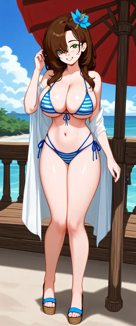 (masterpiece), best quality, expressive eyes, perfect face, ((beautiful face)), big breasts, cleavage, sexual, bikini, green eyes, brown hair, bangs, hair over one eye, pale skin, freckles, full body