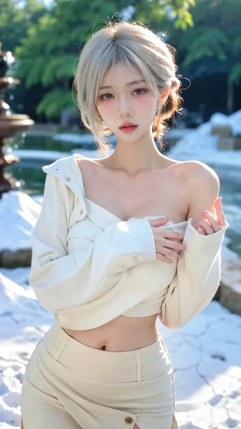 Beautiful woman with perfect figure:1.4，snow，Touching butt with both hands，snow背景，Layered Hairstyle，White skin，Prominent cleavage，Pleated Skirt，whole body，Very delicate face and skin texture，Double eyelids，Skin Whitening，Long white hair