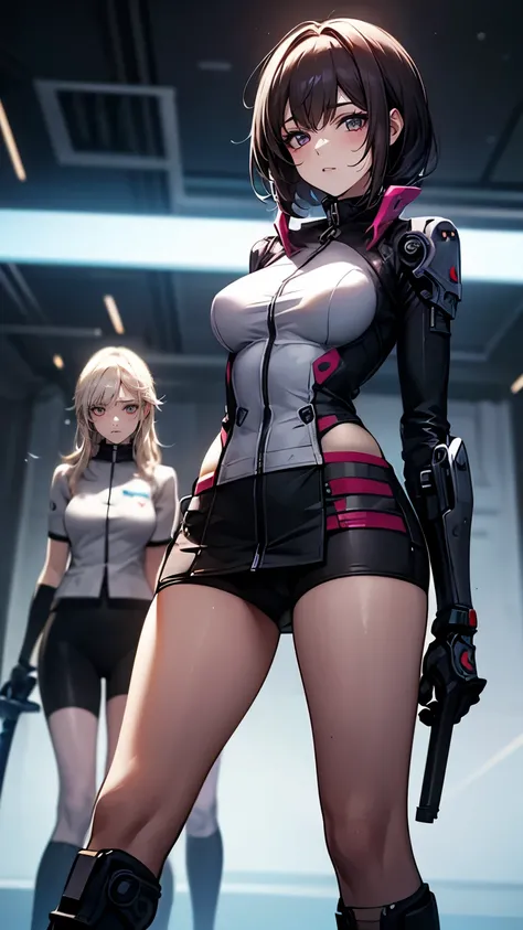 （Very delicate and beautiful：1.2）super model,,Beautiful breasts,voluptuous,【bike shorts】,,【3girls】,,Highest quality, High resolution, 8k,mini skirt.Three Girls.cyber punk.Mechanical Sword