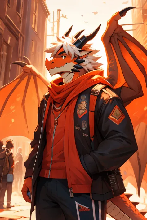 Male dragon, wearing fancy clothe, have white fur, walk in the street, have orange scales, have white anime hair, have eyeglasses, have red scarf, british, wearing hoodie, have wings, cool scales, orange, have calm sight, cool and sporty, have a bag, man