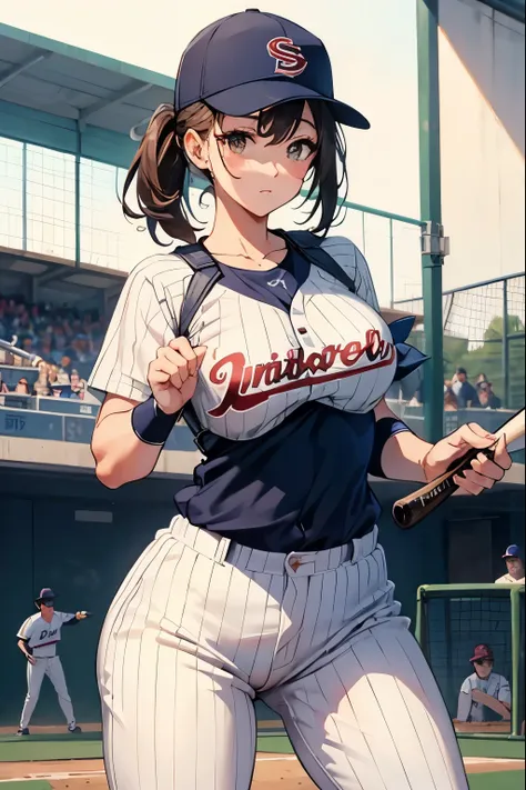 Baseball Beauty、30 years old、Sexy、court、swinging a bat、Stand in the batters box、The moment the ball hits the bat、Striking stance、Upper Body、Large breasts、Innocent expression、cute、Catcher behind