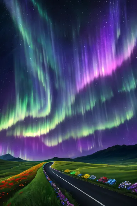 ((Highest quality)), ((masterpiece)), (detailed), night,A starry sky,The sky is aurora,Colorful shining stars,Fantasy,There is also a satellite,The ground is vast as far as the eye can see,The road winds along,grassland,The flowers at night are beautiful,