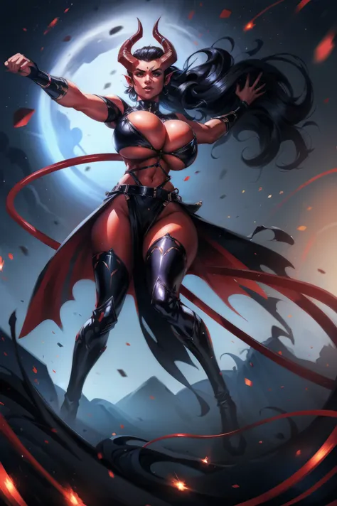 Red skin succubus tiefling, gigantic breasts, black horns, wings, huge tail, black leather, crop top, long flowing pelvic curtain, tall, toned, graceful, thin, long black ponytail. Action scene, whip. Dark scene, explosions, night sky.