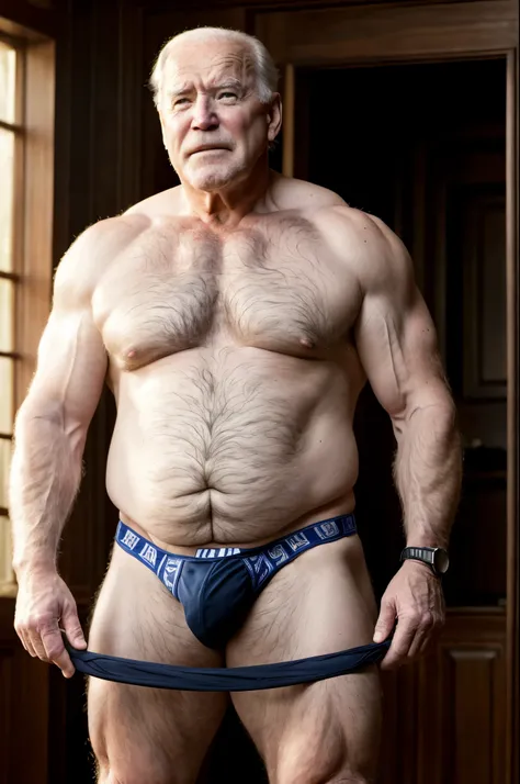 mature old man, grandpa, dad, daddy, virile, tough, fat, stocky, massive feet, clear eyes, joe biden, usa president, hairy body, white bodyhair, pale skin, bulging, dickprint, micro thong, barefoot, standing, movie photography, intricate details