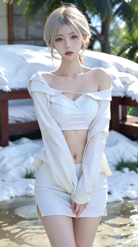 Beautiful woman with perfect figure:1.4，snow，Touching butt with both hands，snow背景，Layered Hairstyle，White skin，Prominent cleavage，Pleated Skirt，whole body，Very delicate face and skin texture，Double eyelids，Skin Whitening，Long white hair